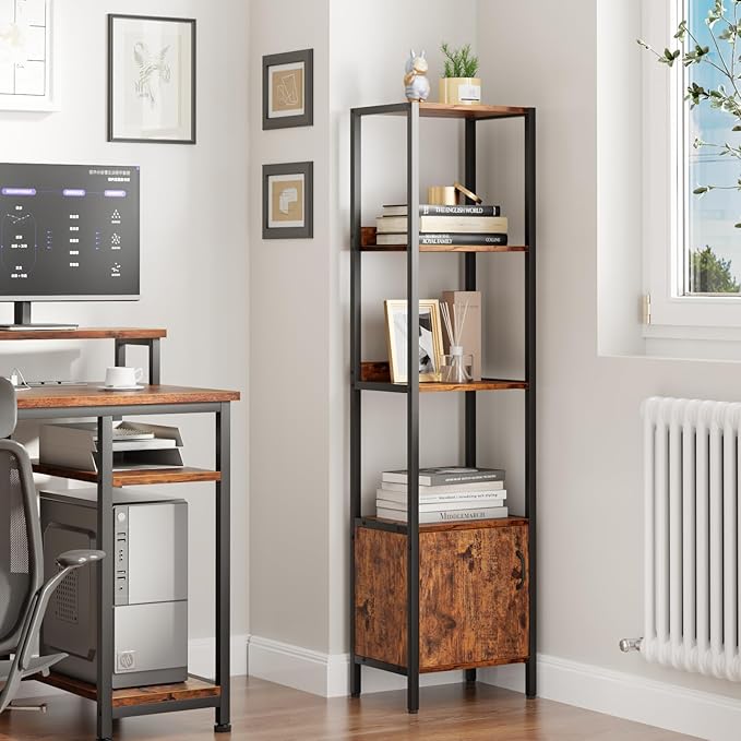 Furologee 5-Tier Bookshelf, Narrow Shelf with Storage Cabinet for Bedroom, Metal and Wood Shelf, Industrial Freestanding Display Tall Shelf for Living Room, Home Office, Bathroom, Rustic Brown - LeafyLoom