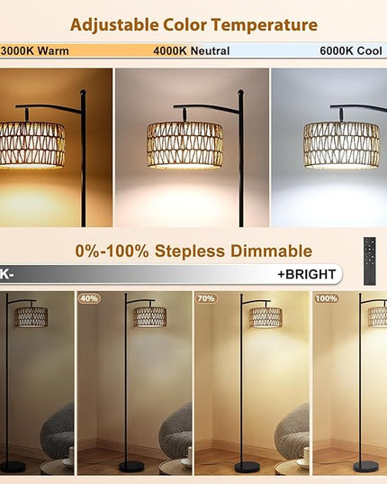 Rattan Floor Lamps for Living Room, Boho Standing Lamp with Remote Control, Arc Floor Lamp Dimmable with Rattan& Linen Double Shades, Wicker Floor Lamp for Bedroom, Office - LeafyLoom