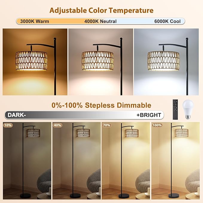 Rattan Floor Lamps for Living Room, Boho Standing Lamp with Remote Control, Arc Floor Lamp Dimmable with Rattan& Linen Double Shades, Wicker Floor Lamp for Bedroom, Office - LeafyLoom