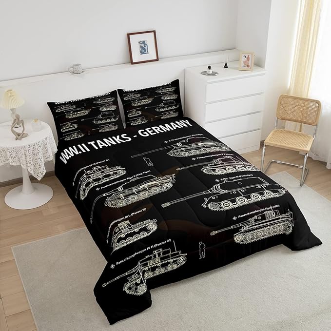 Tank Comforter Set Queen, War Theme Bedding Set, Soldier Dirt Bike Camouflage Army Acting Down Comforter For Kid Boy Teen Men,Camo Vintage Style Quilt Set, Military Vehicle Duvet Set Room Decor - LeafyLoom
