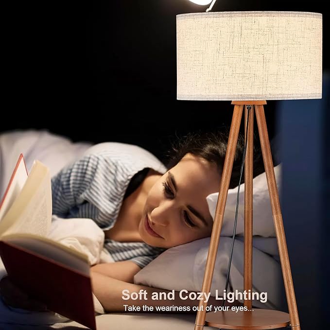Wood Tripod Floor Lamp with Shelves,Linen Shade Boho Wooden Floor lamp for Living Room, with Three Color temparature Bulb Included,footswitch,ETL Listed/Brown Wood Color - LeafyLoom