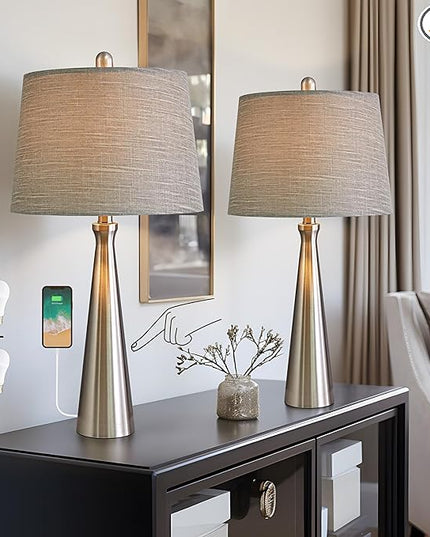 Oneach 25.75" Table Lamps Set of 2 for Living Room Bedroom, Bedside Lamp 3-Way Dimmable Touch Control, Modern Silver Nightstand Light Fabric Shade Vintage Accent Style - LeafyLoom