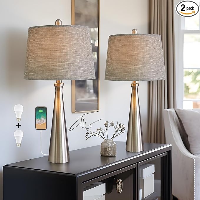 Oneach 25.75" Table Lamps Set of 2 for Living Room Bedroom, Bedside Lamp 3-Way Dimmable Touch Control, Modern Silver Nightstand Light Fabric Shade Vintage Accent Style - LeafyLoom
