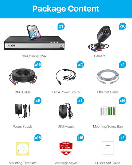 ZOSI 3K Lite 16Channel Security Camera System, AI Human/Vehicle Detection, Night Vision, 16pcs H.265+ 1080P Outdoor Bullet Cameras, 1080P 16CH Surveillance DVR with 2TB HDD for 24/7 Recording ZOSI