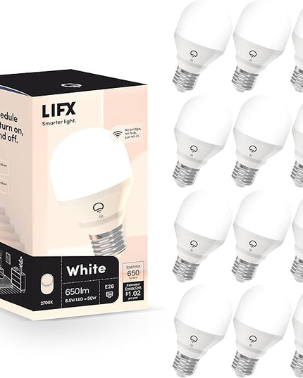 LIFX White A19 WiFi Smart LED Light Bulb, Dimmable, No Hub Required, Works with Alexa and Apple Home Kit, Hey Google, 2700k Warm White, 650 Lumens, 25,000-hour Lifetime, L3A19LW06E26US/12, 12 Pack LIFX