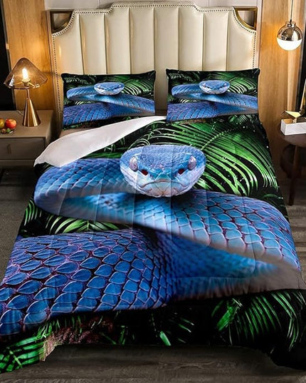 Erosebridal Snake Comforter Set King, Blue Snake Duvet Set, 3D Reptile Bedding Comforters, Blue Scales Quilt Set, Palm Leaf Wild Animal Stylish Quilted Duvet for Kids Boys Teens Man Bedroom Decor - LeafyLoom