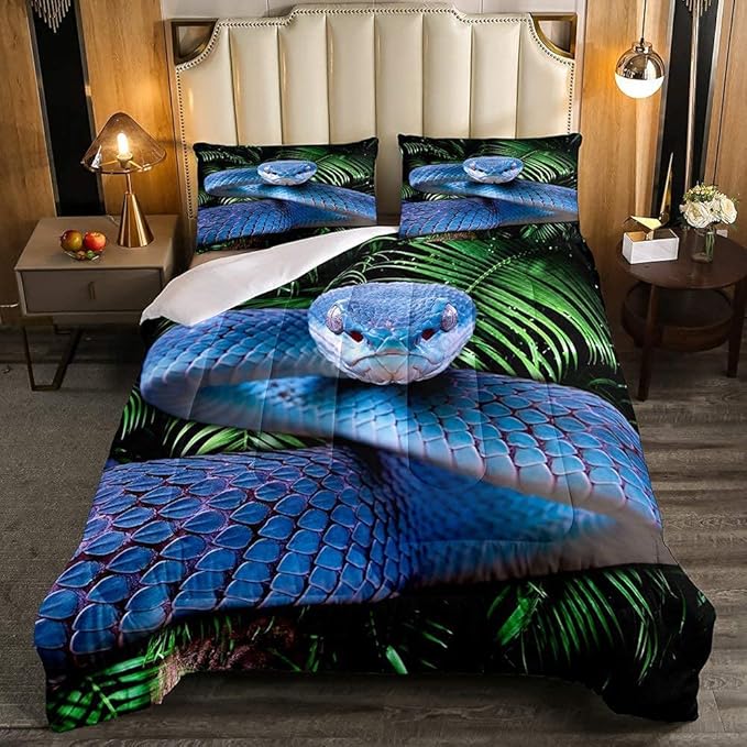 Erosebridal Snake Comforter Set King, Blue Snake Duvet Set, 3D Reptile Bedding Comforters, Blue Scales Quilt Set, Palm Leaf Wild Animal Stylish Quilted Duvet for Kids Boys Teens Man Bedroom Decor - LeafyLoom