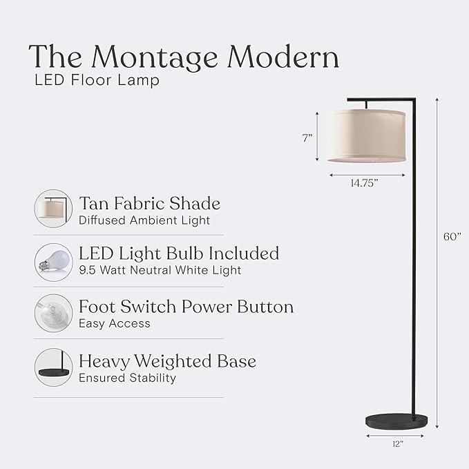 Brightech Montage Modern Floor lamp, LED Floor Lamp for Living Rooms & Offices - Tall Standing Lamp for Bedroom Reading - Corner Pole Lamp for Contemporary Home Decor - Black - LeafyLoom