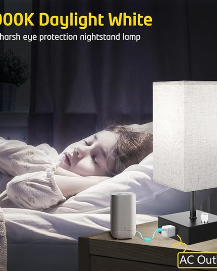 Fully Dimmable Table Lamps Set of 2,Small Table Lamp for Bedroom Kids Room, Bedside Lamp with USB C + A Ports & AC Outlet, Square Beige Fabric Shade Black Metal Base(LED Blubs Included). - LeafyLoom