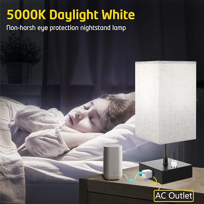 Fully Dimmable Table Lamps Set of 2,Small Table Lamp for Bedroom Kids Room, Bedside Lamp with USB C + A Ports & AC Outlet, Square Beige Fabric Shade Black Metal Base(LED Blubs Included). - LeafyLoom