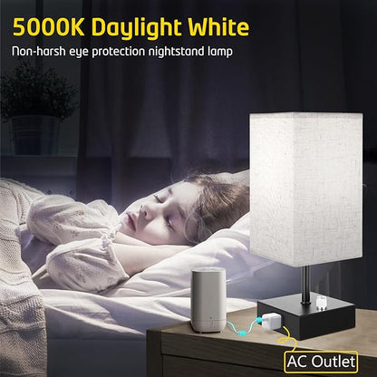Fully Dimmable Table Lamps Set of 2,Small Table Lamp for Bedroom Kids Room, Bedside Lamp with USB C + A Ports & AC Outlet, Square Beige Fabric Shade Black Metal Base(LED Blubs Included). - LeafyLoom