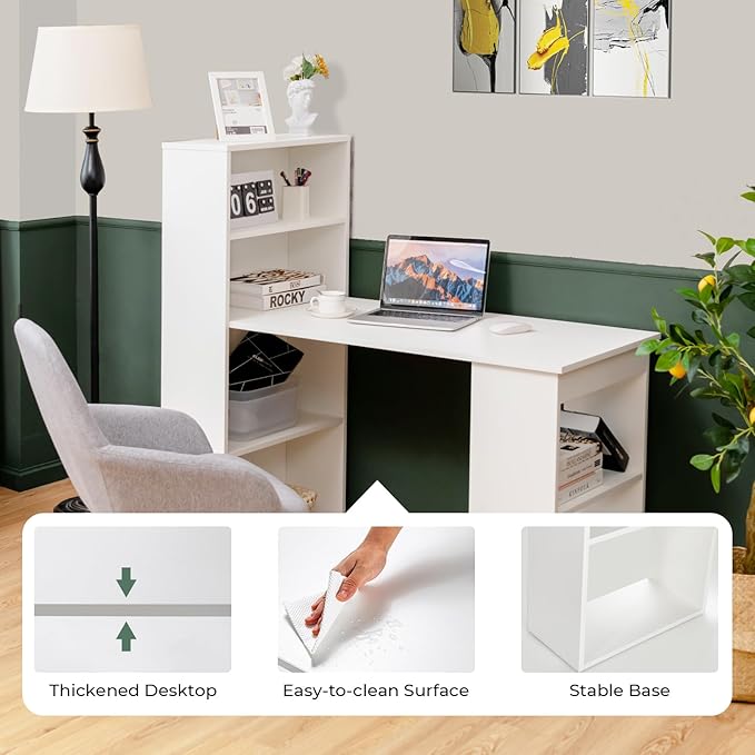 Computer Desk with Shelves, White - LeafyLoom