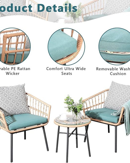3 Piece Patio Furniture Outdoor Conversation Bistro Set with Tempered Coffee Table and Wicker Chairs for Garden Balcony Backyard Yard Poolside (Green) - LeafyLoom