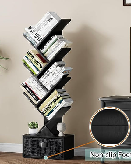 Vagusicc 6 Tier Tree Bookshelf, Modern Floor Standing Bookcase with Storage Drawer, Tall Wood Book Storage Rack for CDs/Books, Utility Book Organizer Shelves for Bedroom/Living Room/Home Office/Corner - LeafyLoom