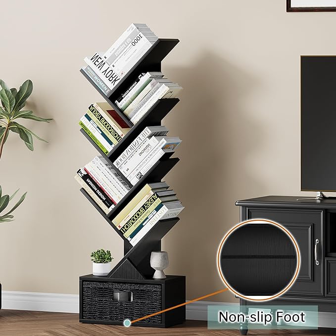Vagusicc 6 Tier Tree Bookshelf, Modern Floor Standing Bookcase with Storage Drawer, Tall Wood Book Storage Rack for CDs/Books, Utility Book Organizer Shelves for Bedroom/Living Room/Home Office/Corner - LeafyLoom