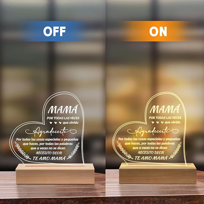 Regalos para Mamá, Gifts for Mom in Spanish, Regalo De Cumpleaños Para Madre- Engraved Wooden Base Lamp Presents- Regalos Para Mujer, Mama Gifts - LeafyLoom