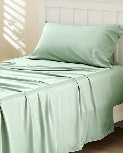 Bedsure Twin XL Sheet Set Dorm Bedding, Cooling Sheets Twin Extra Long Sheets, Rayon Derived from Bamboo, Deep Pocket Up to 16", Hotel Luxury Silky Bedding Sheets & Pillowcases, Sage Green - LeafyLoom