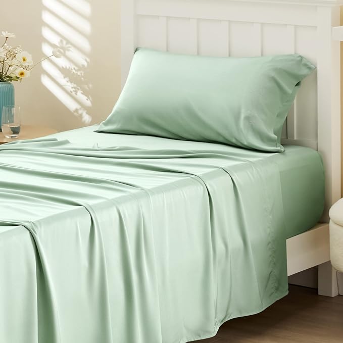 Bedsure Twin XL Sheet Set Dorm Bedding, Cooling Sheets Twin Extra Long Sheets, Rayon Derived from Bamboo, Deep Pocket Up to 16", Hotel Luxury Silky Bedding Sheets & Pillowcases, Sage Green - LeafyLoom