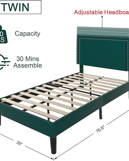 VECELO Twin Size Platform Bed Frame with Height Adjustable Upholstered Headboard, Modern Mattress Foundation,Strong Wood Slat Support, No Box Spring Needed, Easy Assembly - LeafyLoom