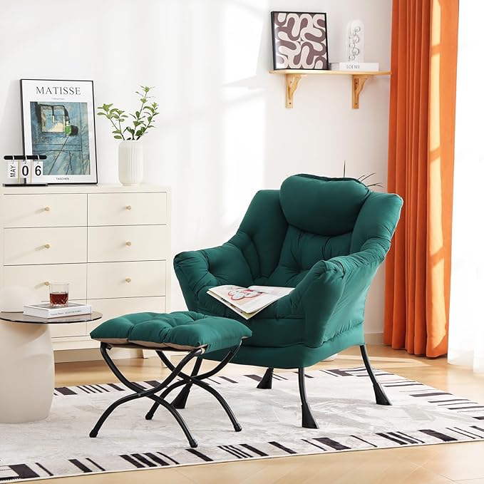 Cozy Lazy Chair and Ottoman, Large Contemporary Accent Lounge Chair Set, Leisure Upholstered Reading Armchair for Bedroom, Living Room, Dorm Rooms, Office - LeafyLoom