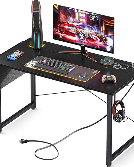 AODK 40 inch Small Computer Desk with Power Outlet for Small Spaces Home Office Student Laptop PC Writing Desks with Storage Bag Headphone Hook, Black - LeafyLoom