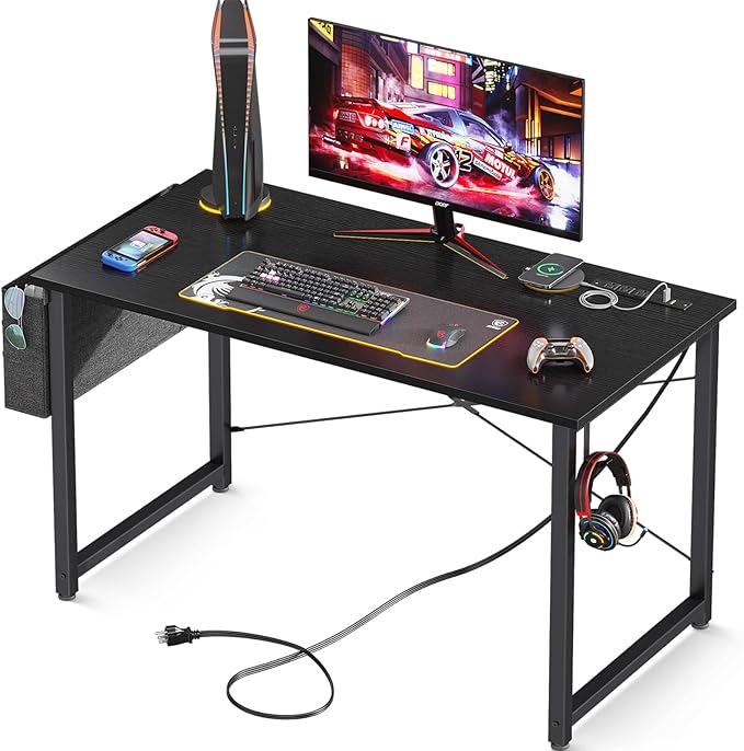 AODK 40 inch Small Computer Desk with Power Outlet for Small Spaces Home Office Student Laptop PC Writing Desks with Storage Bag Headphone Hook, Black - LeafyLoom