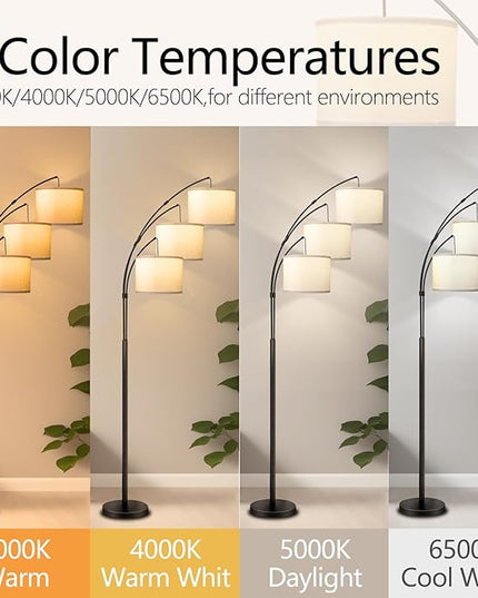 Arc Floor Lamp for Living Room with Remote Control, Dimmable Modern Mid Century 3 Lights Arched Tall Floor Lamp, Adjustable Standing Corner Lamp for Living Room Bedroom Office (Black+White Shade) - LeafyLoom