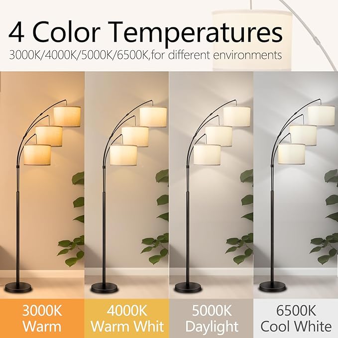 Arc Floor Lamp for Living Room with Remote Control, Dimmable Modern Mid Century 3 Lights Arched Tall Floor Lamp, Adjustable Standing Corner Lamp for Living Room Bedroom Office (Black+White Shade) - LeafyLoom