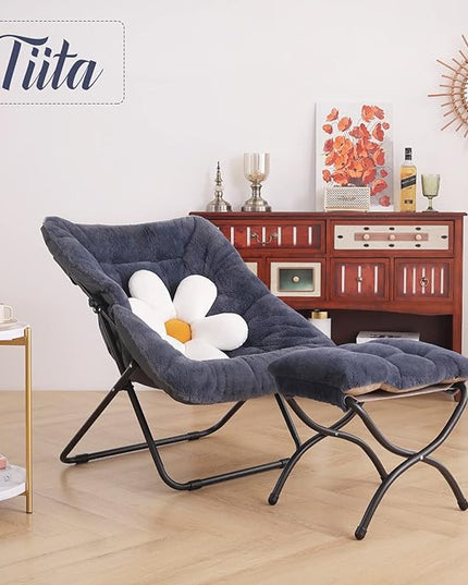 Tiita Saucer Chair with Ottoman, Soft Faux Fur Oversized Folding Accent Chair,Lounge Lazy Chair, Metal Frame Moon Chair for Bedroom, Living Room, Dorm Rooms, Garden and Courtyard - LeafyLoom
