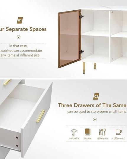 Modern Sideboard MDF with Marble Sticker Tabletop and Amber-Yellow Tempered Glass Doors,Freestanding Buffet Storage Cabinet,W/Gold Metal Legs & Handles,for Dining Room,Kitchen,White, 60" - LeafyLoom