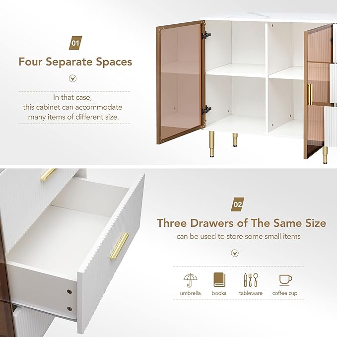Modern Sideboard MDF with Marble Sticker Tabletop and Amber-Yellow Tempered Glass Doors,Freestanding Buffet Storage Cabinet,W/Gold Metal Legs & Handles,for Dining Room,Kitchen,White, 60" - LeafyLoom