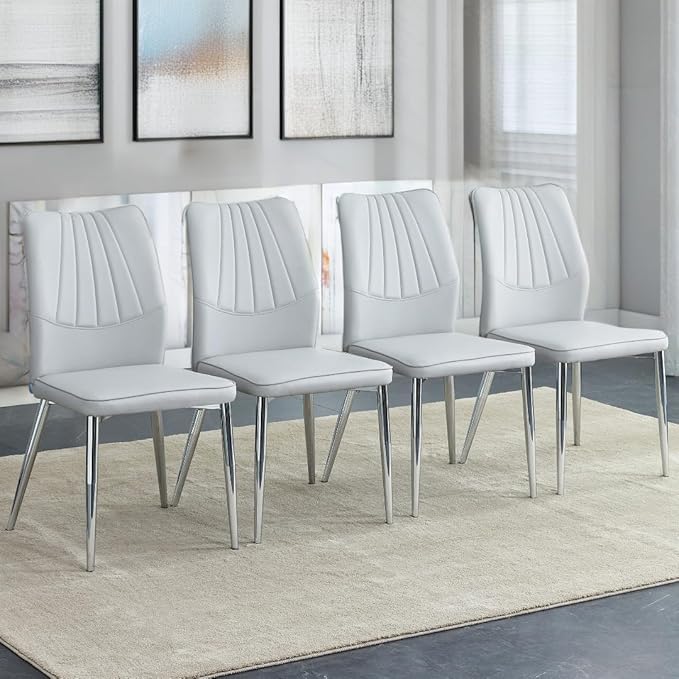 NicBex Dining Chairs Set of 4 Modern Faux Leather High Back Dining Chair Dining Room Kitchen Chairs with Silver Metal Legs,Chairs for Dining Room, Kitchen,Living Room, and Restaurants,Light Gray - LeafyLoom