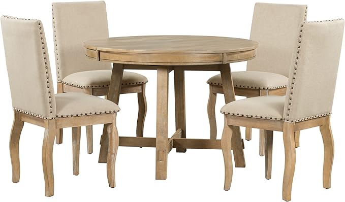 5 Piece Round Farmhouse Wood Dining Table Set with 4 Upholstered Chairs,Extendable Restaurant Furniture,for Kitchen Dinette,Diningroom - LeafyLoom