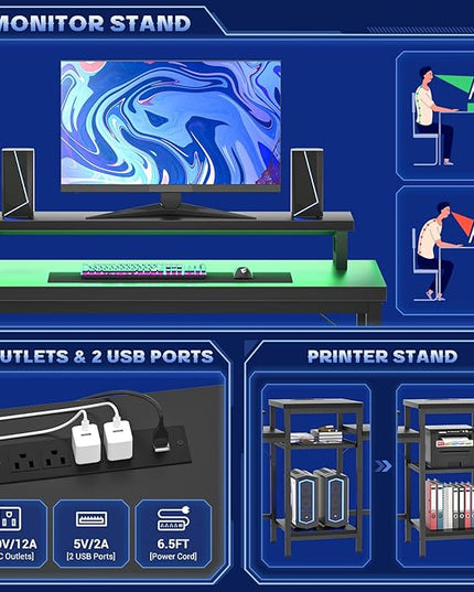 Unikito 2 Person Computer Desk with LED Light and Power Outlet, Double Gaming Desk, Large Workstation with Storage and Printer Stand, Long Desk, Office Work Desk with Shelf, Writing Study Table, Black - LeafyLoom