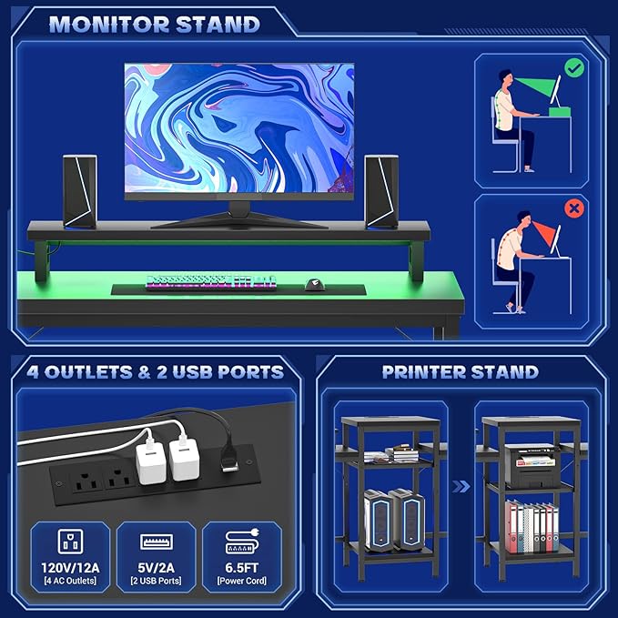 Unikito 2 Person Computer Desk with LED Light and Power Outlet, Double Gaming Desk, Large Workstation with Storage and Printer Stand, Long Desk, Office Work Desk with Shelf, Writing Study Table, Black - LeafyLoom