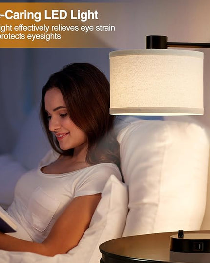 Luvkczc Table Lamp for Bedroom Set of 2 with USB C+A Ports, Fully Stepless Dimmable Bedside Lamp with Linen Lampshade, Contemporary Lamp for Living Room Reading Office, 2 LED Bulbs Included (Black) - LeafyLoom