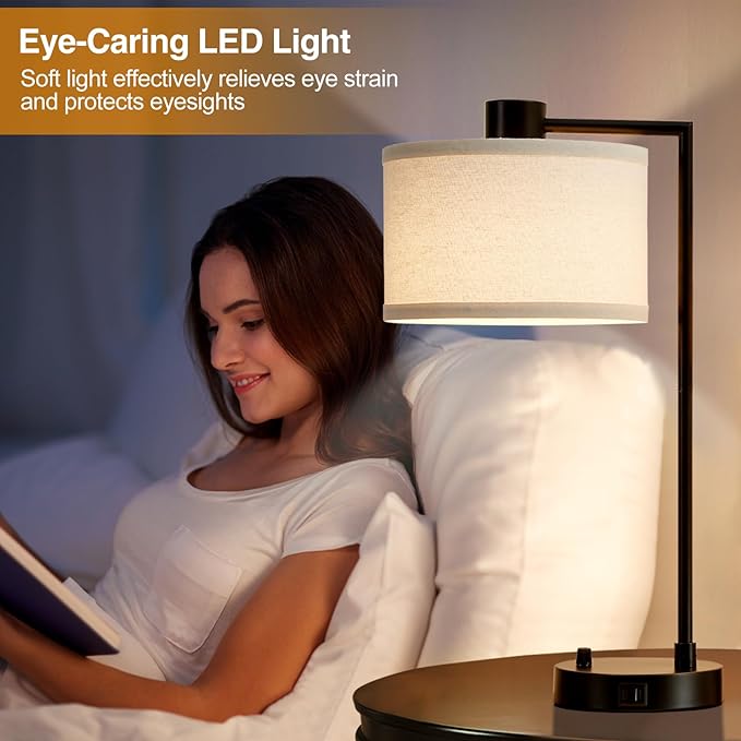 Luvkczc Table Lamp for Bedroom Set of 2 with USB C+A Ports, Fully Stepless Dimmable Bedside Lamp with Linen Lampshade, Contemporary Lamp for Living Room Reading Office, 2 LED Bulbs Included (Black) - LeafyLoom