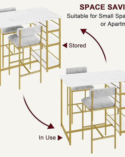 Dining Table Set for 2, Kitchen Table and Velvet Upholstered Chairs for 2, 3 Piece Counter Height Bar Table Set with 3 Large Storage Shelves for Small Space, Apartment, Gray and Gold White - LeafyLoom