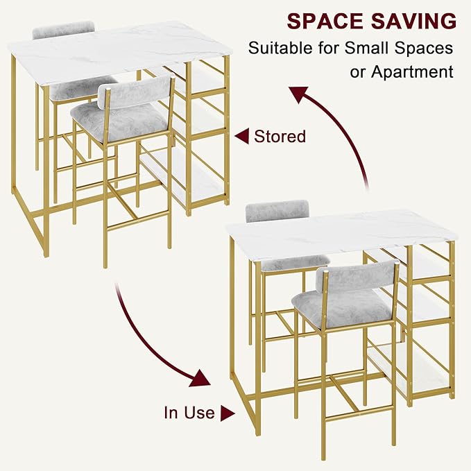 Dining Table Set for 2, Kitchen Table and Velvet Upholstered Chairs for 2, 3 Piece Counter Height Bar Table Set with 3 Large Storage Shelves for Small Space, Apartment, Gray and Gold White - LeafyLoom
