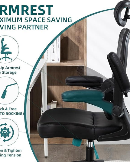 Home Office Chair High Back Computer Desk Chair Ergonomic Task Chair Executive Chair with Lumbar Support Recliner Chair with Adjustable Headrest,Flip-up Armrests (Black with Nylon Base) - LeafyLoom