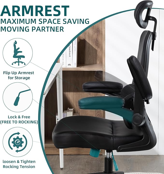 Home Office Chair High Back Computer Desk Chair Ergonomic Task Chair Executive Chair with Lumbar Support Recliner Chair with Adjustable Headrest,Flip-up Armrests (Black with Nylon Base) - LeafyLoom
