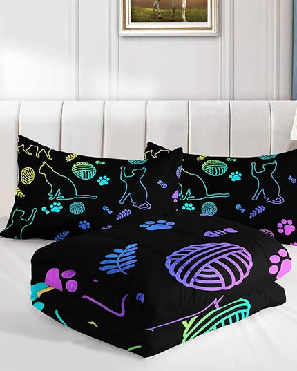 Black Cat Bedding Cartoon Cat Comforter Set Full,Neon Cat Paw Ball of Yarn Printed Kids Bedding for Cat Lover Boys Girls Adults Room Decor,Kids Comforter,1 Quilt 2 Pillow Cases,Neon Color Purple Blue - LeafyLoom