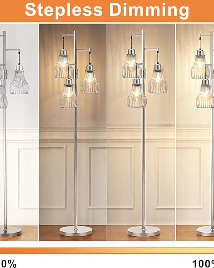 Dimmable Floor Lamp, 3 x 800LM LED Edison Bulbs Included, Farmhouse Industrial Floor Lamp Standing Tree Lamp with Elegant Cage Tall Lamps for Living Room Bedroom Office - Silver - LeafyLoom