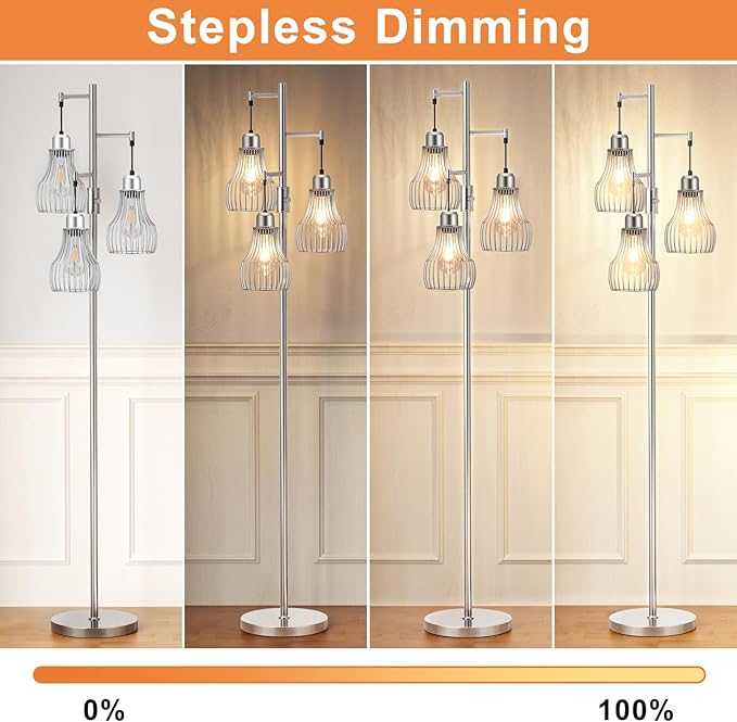 Dimmable Floor Lamp, 3 x 800LM LED Edison Bulbs Included, Farmhouse Industrial Floor Lamp Standing Tree Lamp with Elegant Cage Tall Lamps for Living Room Bedroom Office - Silver - LeafyLoom