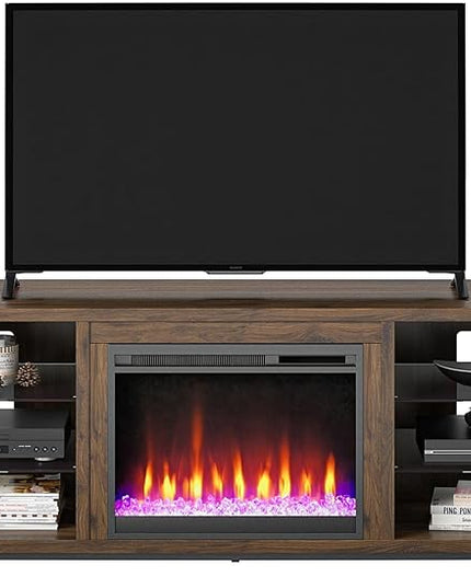 Ameriwood Home Lumina Fireplace TV Stand for TVs up to 70 Inch, Replaceable Electric Fireplace Insert Heater, Remote Control, Timer, Color Changing LED Lights, Crystal Ember Flames, Walnut - LeafyLoom