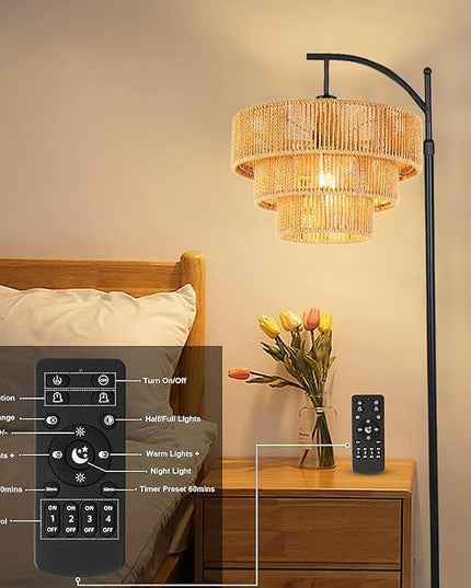 Boho Floor Lamp for Living Room with Remote,Arc Floor Lamps Rattan Standing Lamp Dimmable Farmhouse Tall Lamp with 3-Tier Wicker Lamp Shade Adjustable Black Floor Light for Bedroom Bohemian - LeafyLoom