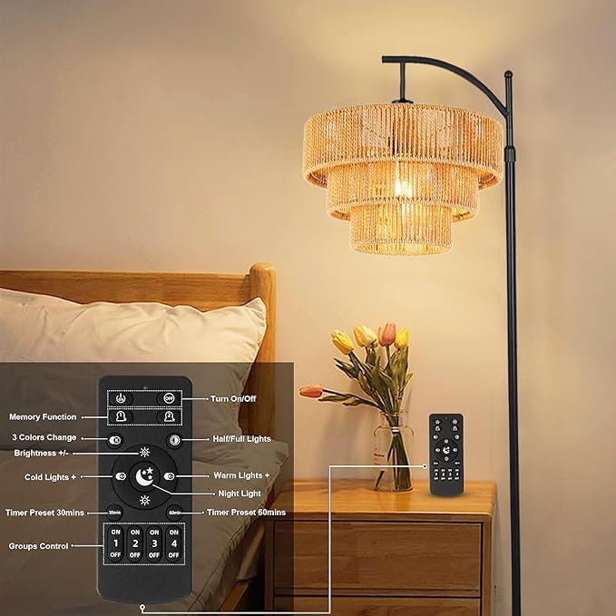 Boho Floor Lamp for Living Room with Remote,Arc Floor Lamps Rattan Standing Lamp Dimmable Farmhouse Tall Lamp with 3-Tier Wicker Lamp Shade Adjustable Black Floor Light for Bedroom Bohemian - LeafyLoom