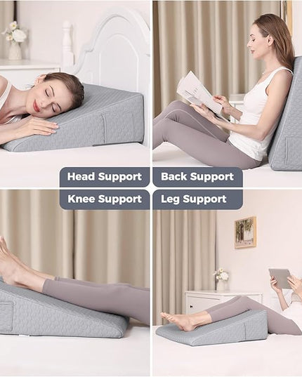 Bed Wedge Pillow for Sleeping 7.5" Memory Foam Wedge Pillow for After Surgery Triangle Pillow Wedge for Acid Reflux Snoring Heartburn GERD Back Support Leg Elevation, Removable Washable Cover - Gray - LeafyLoom