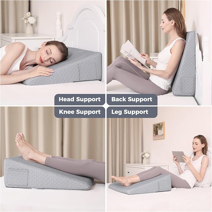 Bed Wedge Pillow for Sleeping 7.5" Memory Foam Wedge Pillow for After Surgery Triangle Pillow Wedge for Acid Reflux Snoring Heartburn GERD Back Support Leg Elevation, Removable Washable Cover - Gray - LeafyLoom
