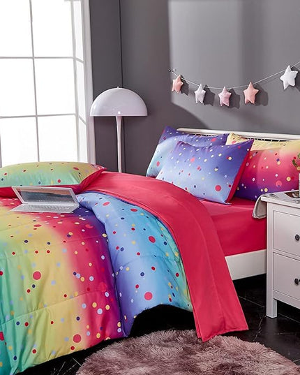 Colorful Polka Dots Rainbow Comforter Set for Teen Girl,Full/Queen Size 5 Piece Bed in A Bag,Circles Printed Comforter and Sheets,Ultra Soft Microfiber All Season Bedding Set(Full/Queen,Dots) - LeafyLoom